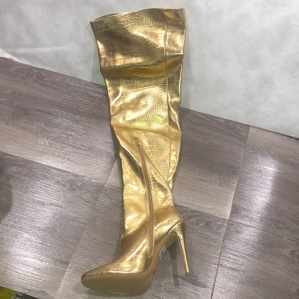 Missguided Tubular Gold Croc Over-the-Knee Thigh Boots New